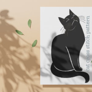 May include: Black and white cross stitch pattern of a cat sitting with its mouth open and eyes closed, as if smiling. The text "cat cross stitch pattern" is written vertically on the right side of the image.