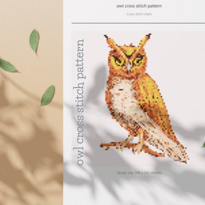 May include: A cross-stitch pattern featuring a detailed owl design. The owl is rendered in shades of orange, yellow, and white, with the text "owl cross stitch pattern" and "Cross stitch chart" displayed. The design size is 100 x 100 stitches.