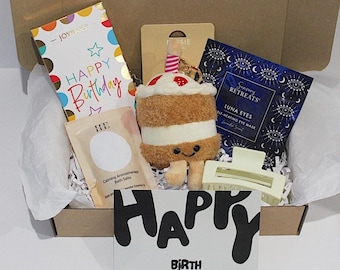 Jellycat inspired birthday plush cupcake, Chocolate bar, aromatherapy bath salts, self care treats