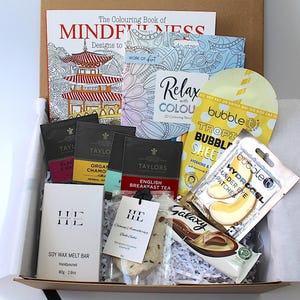 Self-Care Gift Box: Colouring Book, Tea, Bath Salts, Soy Wax Melts