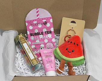 Self Care Gift Box with Plush key chain Watermelon,  Jelly Sweets, Face Mask, and Body Butter,