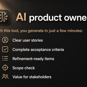 以下が含まれることがあります： 「AI product owner tool」のテキストと、回路のような要素を持つ脳のグラフィック画像。 「Clear user stories」や「Complete acceptance criteria」などの機能が、金色の光沢のある暗い背景に表示されています。