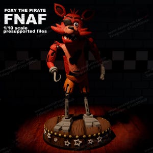 May include: A red and orange 3D printed model of Foxy the Pirate from the video game Five Nights at Freddy's. The model is 1/10 scale and comes with presupported files for 3D printing. The model is posed with its right arm extended and holding a hook. The model is standing on a wooden base with stars.