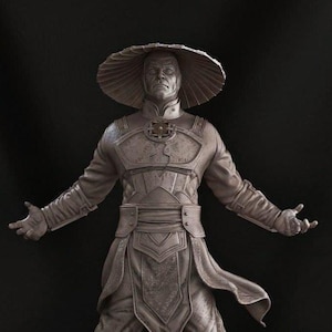May include: A gray, sculpted figure of a person wearing a wide-brimmed hat and a long, flowing robe. The figure has a serious expression and is posed with arms outstretched.