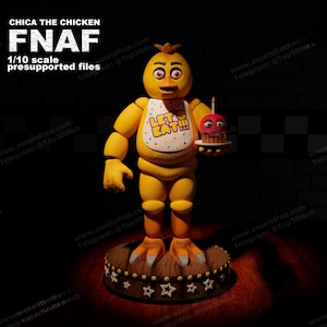 May include: A yellow chicken character holding a red cupcake with a lit candle. The character is wearing a bib that says "Let's Eat!!" and has a pink beak and purple eyes. The character is standing on a wooden base with stars.