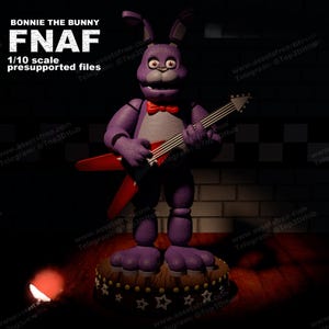 May include: A purple animatronic bunny holding a red electric guitar. The bunny has red eyes, a red bow tie, and is standing on a stage with a star-shaped pattern. The text "BONNIE THE BUNNY FNAF 1/10 scale presupported files" is visible in the image.