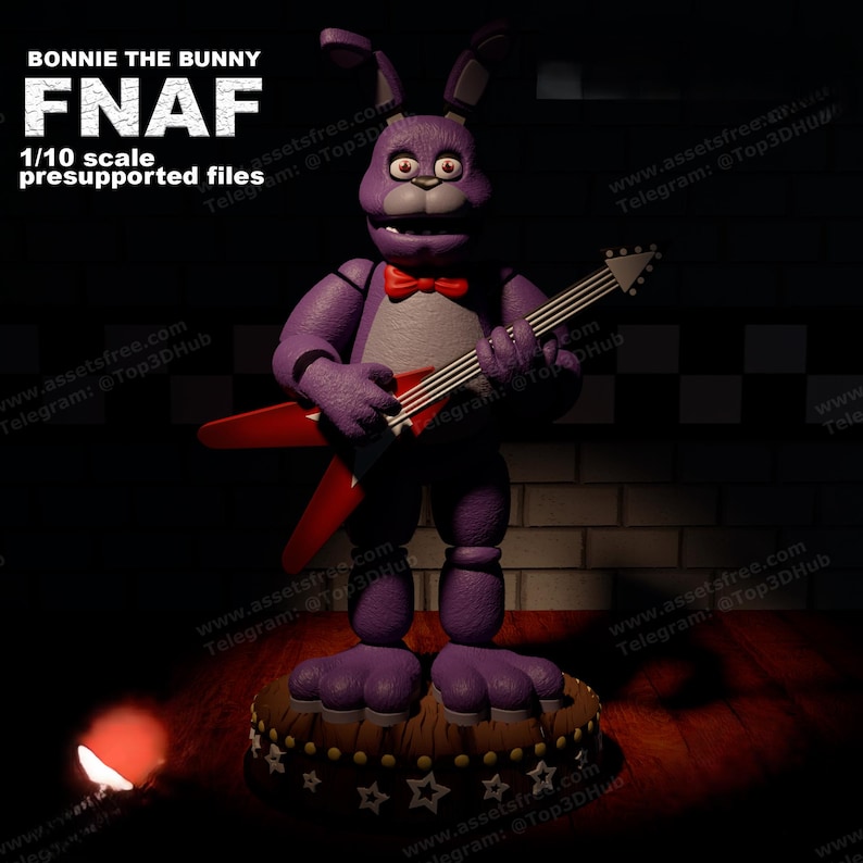 May include: A purple animatronic bunny holding a red electric guitar. The bunny has red eyes, a red bow tie, and is standing on a stage with a star-shaped pattern. The text "BONNIE THE BUNNY FNAF 1/10 scale presupported files" is visible in the image.