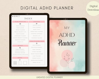 May include: A digital planner designed for people with ADHD. The planner is displayed on a tablet screen with a pink and blue watercolour background. The text "My ADHD Planner" is in black text on the screen. The planner includes sections for planning your life, lifestyle, health and wellness, money, and notes.