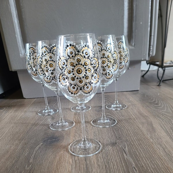 Lot de 6 verres à vin avec dessin mandala