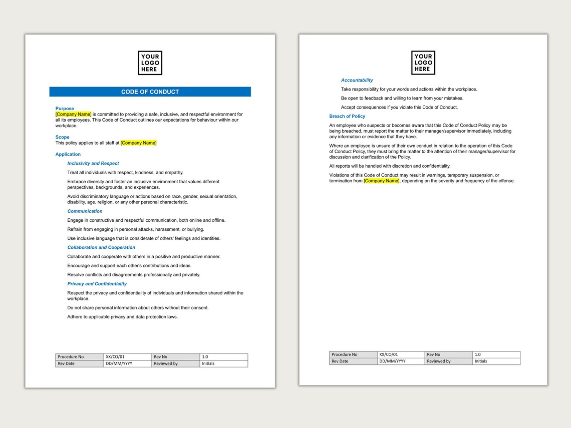 Code of Conduct Policy | Editable HR Template (MS Word) - Etsy