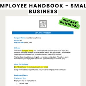 May include: A white document titled "EMPLOYEE HANDBOOK - SMALL BUSINESS" with blue and black text. The document includes sections for company information, welcome message, and business description. A green "INSTANT DOWNLOAD" sticker is in the upper right corner.