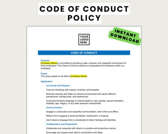 Code of Conduct Policy| HR Forms ǀ New Employee | Recruitment Form | Employee Onboarding ǀ Human Resources Forms ǀ New Hire | Templates