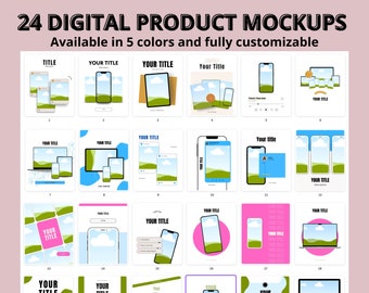24 maquettes de produits numériques incluant des modèles pour Canva, iPhone et ordinateur portable / Social media / Modèles Canva
