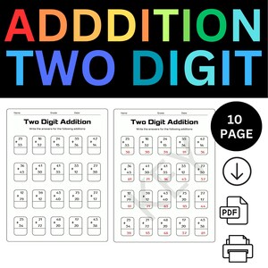 2-Digit Addition Worksheets with Answer Key 10 Pages Grade 1 Math Practice