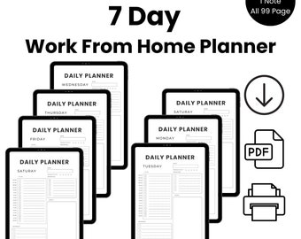 Daily Hourly Planner 7 Day Personal Work From Home Planner A4 Instant Download PDF