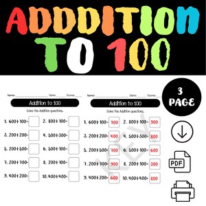 Addition to 100 Worksheet for Kids Fun Hundred Addition Practice for Early Math Learners Educational Learning Activity