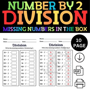 Może przedstawiać: Drukowana karta pracy z kolorowym tytułem "Dzielenie przez 2" i podtytułem "Brakujące liczby w ramce". Karta pracy zawiera dwie kolumny zadań z dzielenia z brakującymi liczbami. Zadania są wszystkie podzielone przez 2. Karta pracy została stworzona, aby uczniowie mogli ćwiczyć swoje umiejętności dzielenia.