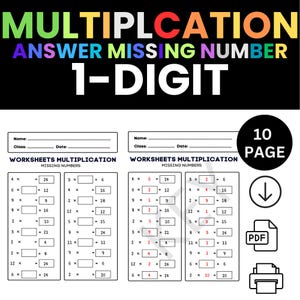 子供向けの総合的な掛け算のワークシート 欠けている数字 10 ページ 200 の楽しい算数の練習問題
