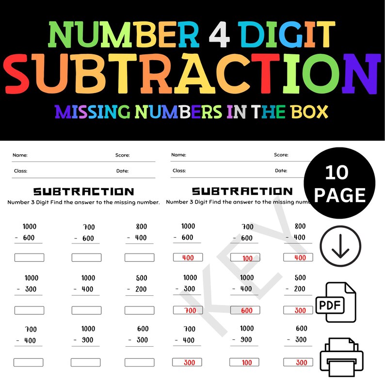 4-digit Subtraction Worksheet: Missing Numbers, Homeschool Math (PDF ...
