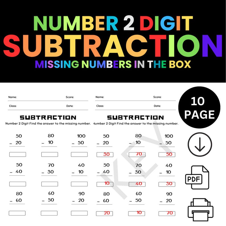 2-digit Number Subtraction Worksheet for Kids Missing Numbers in the ...