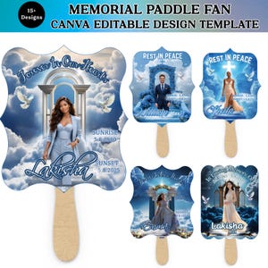 May include: Memorial paddle fans with Canva editable designs. The fans feature images of people in a heavenly setting with text that reads "Forever In Our Hearts", "Rest In Peace", and "In Loving Memory Of". The fans have wooden handles.