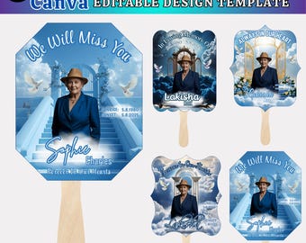 Blue Memorial Paddle Fan Template, Celebration of Life (Canva Editable)