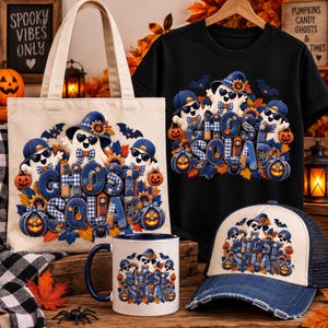May include: A beige canvas tote bag, a black t-shirt, and a white ceramic mug, each featuring a graphic of three ghosts wearing hats and sunglasses with the text GHOST SQUAD, surrounded by sunflowers, autumn leaves, bats, and pumpkins.