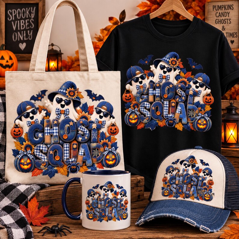 May include: A beige canvas tote bag, a black t-shirt, and a white ceramic mug, each featuring a graphic of three ghosts wearing hats and sunglasses with the text GHOST SQUAD, surrounded by sunflowers, autumn leaves, bats, and pumpkins.