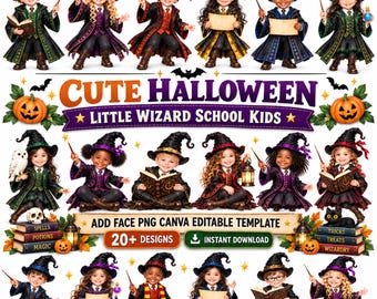 May include: A digital collection of 20+ wizard school kids in Halloween costumes, featuring children in robes and pointed hats with wands, books, owls, and lanterns. The graphic includes the text CUTE HALLOWEEN LITTLE WIZARD SCHOOL KIDS.