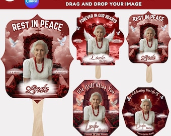 40+ In Loving Memory Memorial Funeral Fan Canva Editable Template, Red Memorial Paddle Fan Design, Celebrating the Life, Heaven background