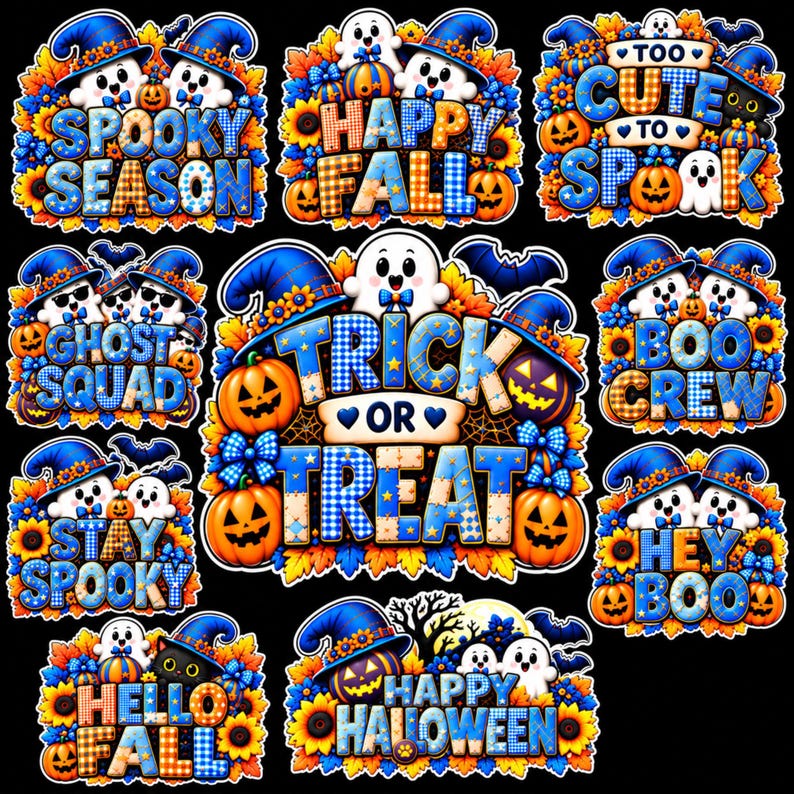 May include: A collection of ten Halloween-themed stickers featuring white ghosts, orange pumpkins, and blue witch hats. The designs include text such as Spooky Season, Happy Fall, Too Cute To Spook, Ghost Squad, Trick Or Treat, Boo Crew, Stay Spooky, Hey Boo, Hello Fall, and Happy Halloween.