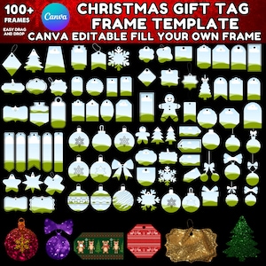 Könnte beinhalten: Eine Sammlung von Weihnachtsgutschein-Rahmenvorlagen in verschiedenen Formen, darunter Anhänger, Ornamente und Schleifen. Das Design weist ein grün-weißes Farbschema mit dem Text "CHRISTMAS GIFT TAG FRAME TEMPLATE" auf.
