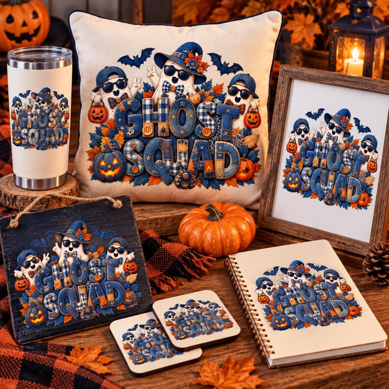 May include: A collection of Halloween-themed items featuring a Ghost Squad graphic with ghosts in blue hats and sunglasses, pumpkins, and bats. Includes a white tumbler, a square pillow, a framed print, a hanging wooden sign, two coasters, and a spiral notebook.