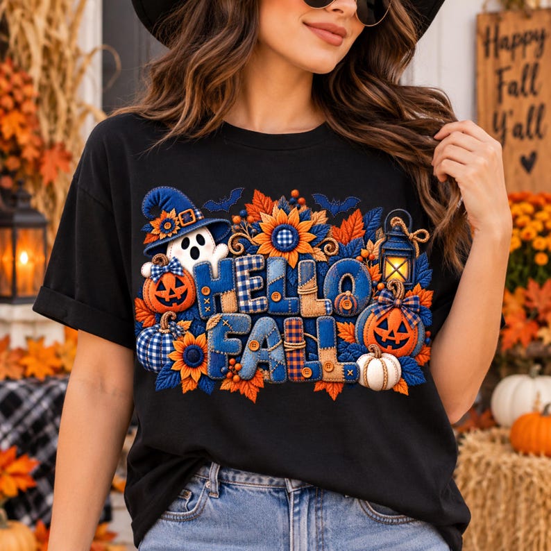May include: A black t-shirt featuring a graphic print with the text HELLO FALL. The design includes a white ghost wearing a blue witch hat, orange jack-o'-lanterns, sunflowers, blue plaid patterns, and a glowing lantern surrounded by autumn leaves.