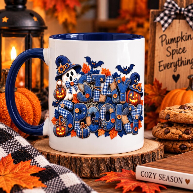May include: A white ceramic mug with a dark blue handle and interior. The exterior features a graphic of a ghost wearing a hat, pumpkins, bats, and the text STAY SPOOKY in a blue and tan plaid pattern with small orange button accents.