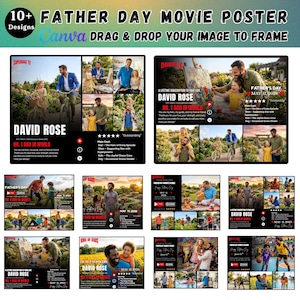 Può includere: Una collezione di design di poster cinematografici per la festa del papà. Ogni poster presenta il testo "David Rose" e "No. 1 Dad in World". I poster includono immagini di famiglie e il testo "Father's Day" e "May 11, 2026".