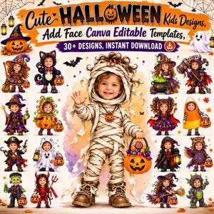 Puede incluir: Una colección digital de diseños de Halloween para niños con plantillas editables de Canva. La imagen muestra más de 30 ilustraciones de niños con varios disfraces, incluyendo una momia, bruja, pirata y calabaza, con texto.