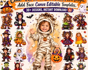 May include: A digital collection of Halloween-themed kids' designs featuring editable Canva templates. The image displays over 30 illustrations of children in various costumes, including a mummy, witch, pirate, and pumpkin, with text overlays.