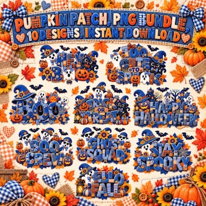 May include: A digital graphic set featuring ten Halloween-themed designs with blue plaid and orange pumpkin motifs. The text includes phrases like PUMPKIN PATCH, HEY BOO, TOO CUTE TO SPOOK, BOO, TRICK OR TREAT, HAPPY HALLOWEEN, BOO CREW, GHOST SQUAD, STAY SPOOKY, and HELLO FALL.