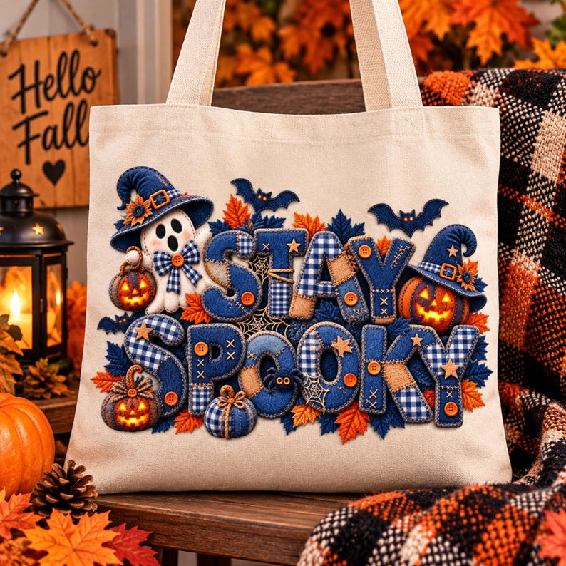 May include: A beige canvas tote bag featuring a colorful graphic with the text STAY SPOOKY. The design includes a ghost in a blue hat, jack-o'-lanterns, bats, spiders, spiderwebs, and autumn leaves in shades of orange, blue, and brown.