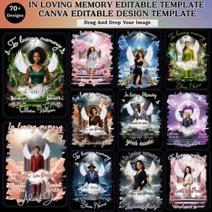 May include: A collection of customizable memorial templates with the text "In Loving Memory." Each design features a person with angel wings, set against a backdrop of clouds and nature. The templates include space for names and dates.