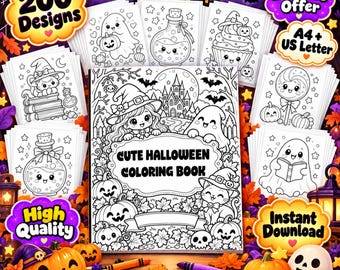 May include: A Halloween coloring book with 200 designs, featuring a cover illustration of a witch, ghost, cat, and pumpkins. The text reads Cute Halloween Coloring Book. Includes A4 and US Letter sizes, high quality, and instant download.