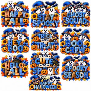 May include: A collection of ten decorative stickers featuring cartoon ghosts, black cats, and pumpkins adorned with blue witch hats, sunflowers, and autumn leaves. Each sticker displays festive text including Happy Fall, Stay Spooky, Ghost Squad, Hey Boo, Trick or Treat, Boo Crew, Hello Fall, Too Cute to Spook, Spooky Season, and Happy Halloween.