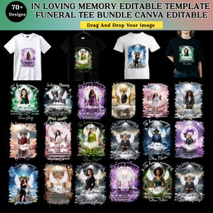 Può includere: Una collezione di design personalizzabili per magliette funebri. I design presentano ali d'angelo, ritratti e la scritta "In Loving Memory". Le magliette sono disponibili in bianco e nero. È visibile anche la scritta "Drag and Drop Your Image".