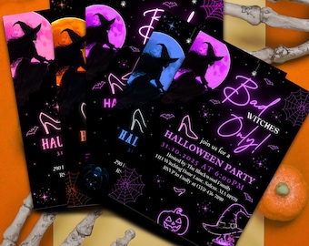 May include: Halloween party invitations with a black background and neon pink and purple accents. The invitations feature a witch silhouette, moon, and the text "Bad Witches Only!" and party details.