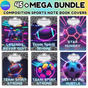 May include: A bundle of composition notebooks with sports-themed covers. Designs include a video game controller, football, and soccer balls with neon accents. Text includes "Legends Never Quit," "Team Spirit Strong," "Stay Hungry," and "Next Level Hustle."
