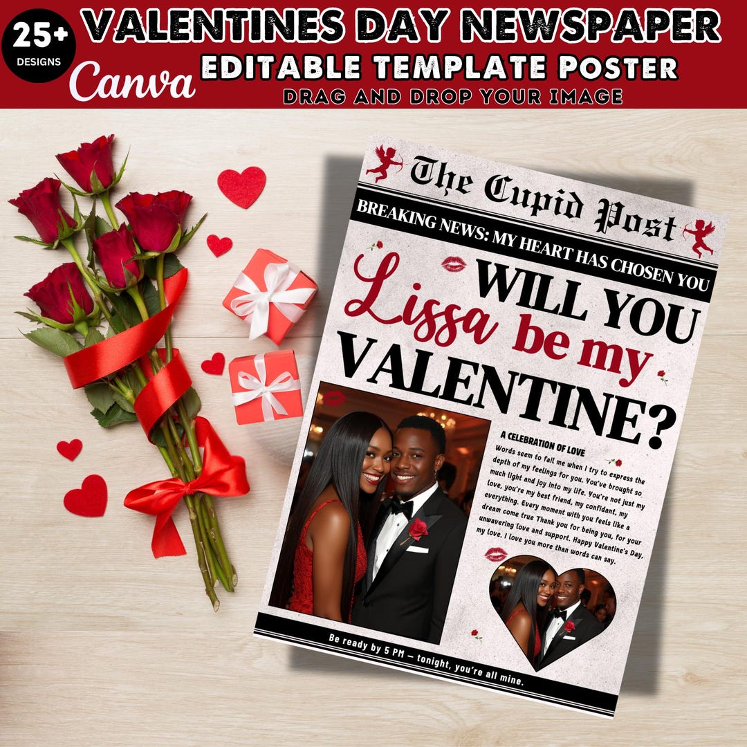 Valentine's Day Newspaper Template, Cupid Post, Canva Editable (digital