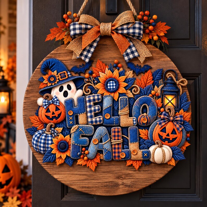 May include: A round wooden door sign featuring the text HELLO FALL in blue and tan fabric letters. The sign is decorated with a ghost in a blue hat, orange jack-o'-lanterns, sunflowers, blue leaves, a lantern, and a blue and tan plaid bow.