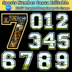 May include: A digital design featuring sports-themed numbers 0-9, each with a unique landscape background. The number 7 has a gold glitter frame with football player images. Text at the top reads "Sports Number Canva Editable" and "EASY Drag And Drop Image To Frame."