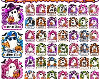 May include: A digital collection of 40 Halloween ghost illustrations featuring various characters with pumpkins, hats, and accessories. Each ghost is paired with the name Sophie Jeo or Jimmy Leo, set against colorful patterned backgrounds.